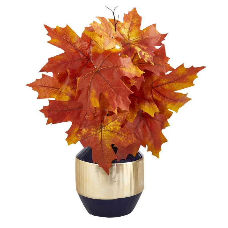 18” Autumn Maple Leaf Artificial Plant in Blue and Gold Planter Default Title