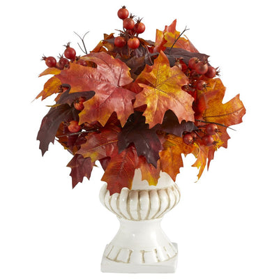 20” Autumn Maple Leaf and Berries Artificial Plant in White Urn Default Title