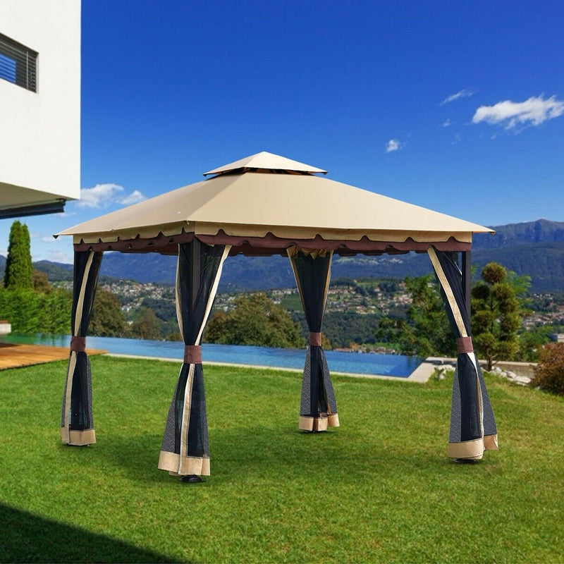 10 x 10 Ft Outdoor Gazebo with Taupe Brown Vented Canopy and Mesh Side Walls