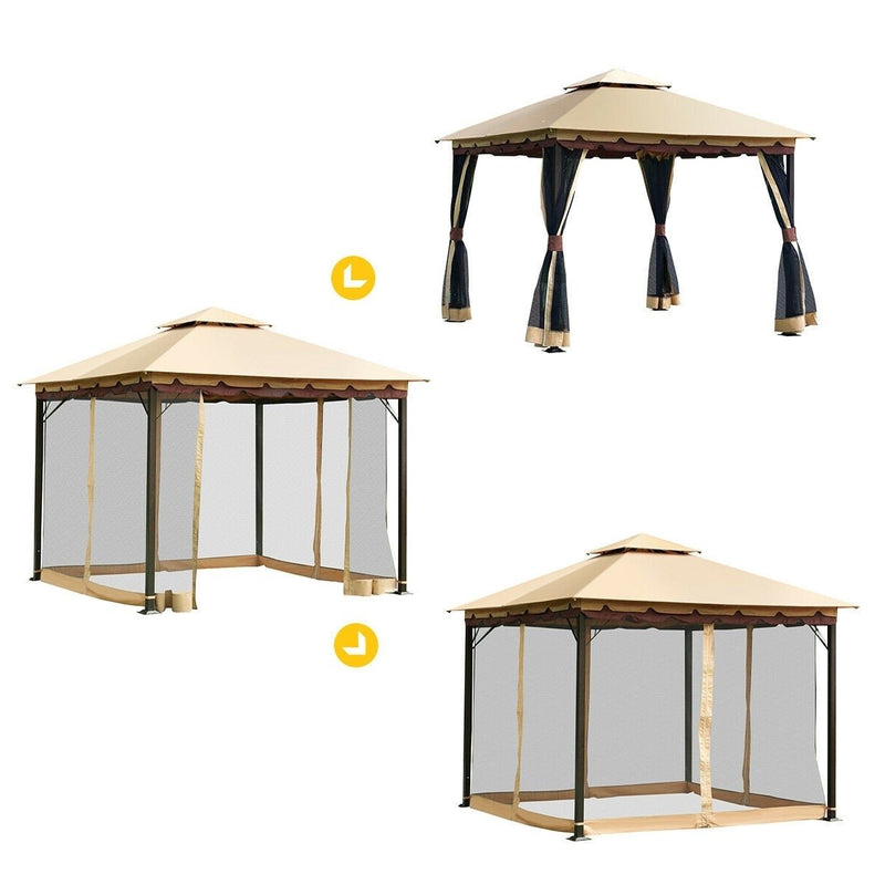 10 x 10 Ft Outdoor Gazebo with Taupe Brown Vented Canopy and Mesh Side Walls