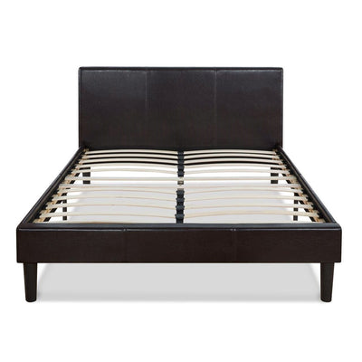 Queen Modern Platform Bed with Dark Brown Upholstered Faux Leather Headboard