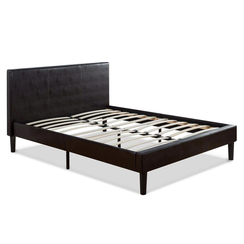 Queen Modern Platform Bed with Dark Brown Upholstered Faux Leather Headboard