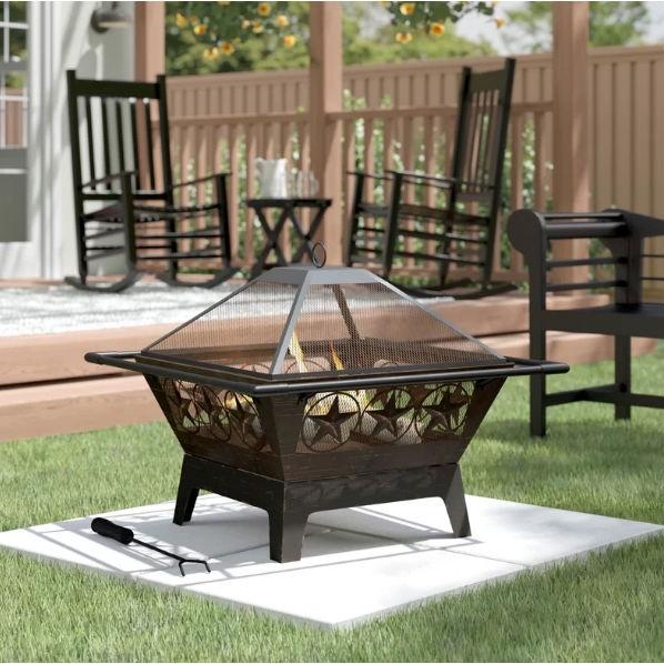 Square Outdoor Steel Wood Burning Fire Pit with Star Design