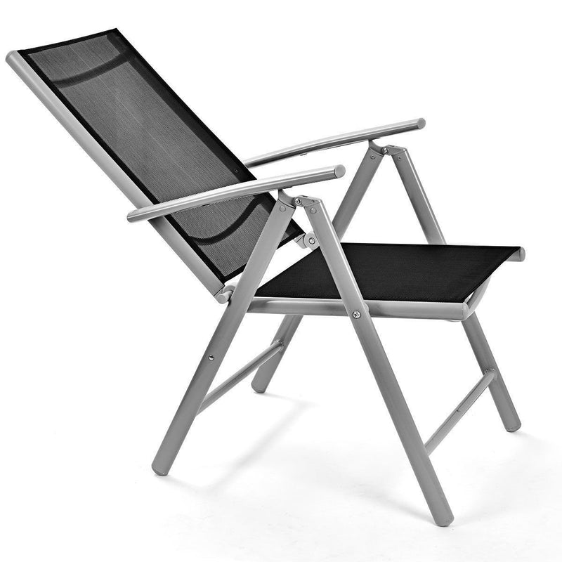 Set of 2 Folding Outdoor Patio Chairs with Black Mesh Seat and Grey Metal Frame