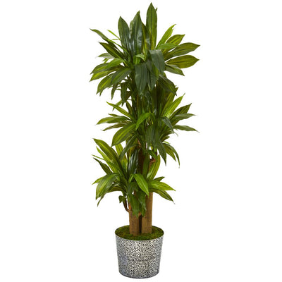 58” Corn Stalk Dracaena Artificial Plant in Black Embossed Tin Planter (Real Touch) Default Title