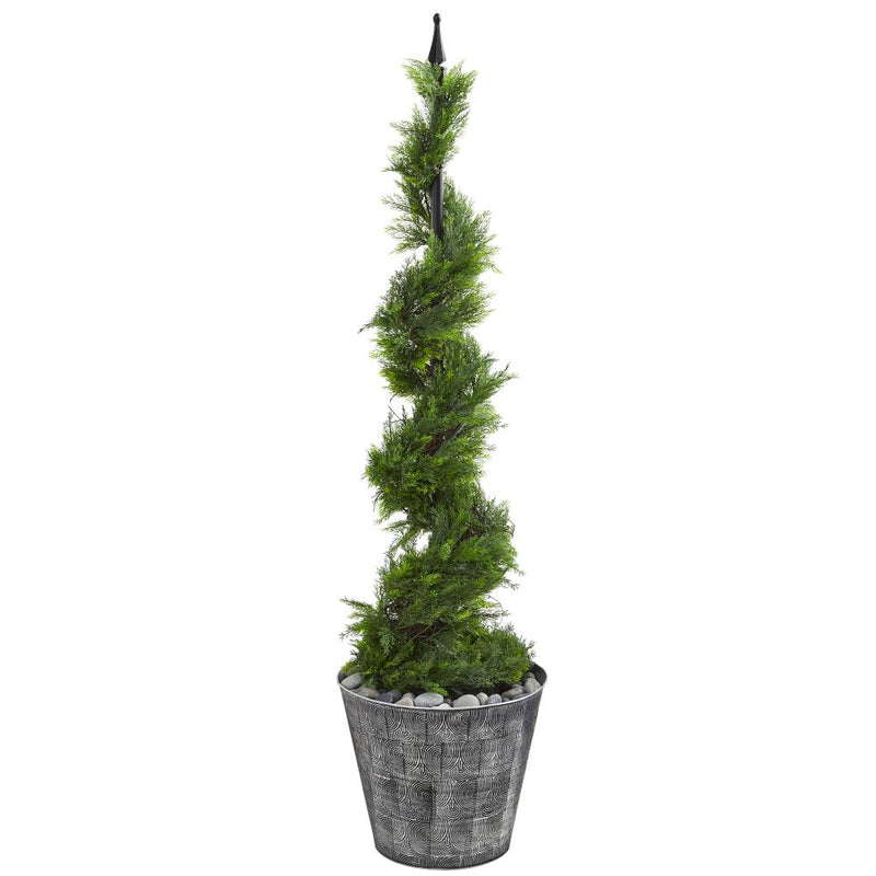 53” Cypress Artificial Spiral Topiary Tree in Black Embossed Tin Planter Default Title