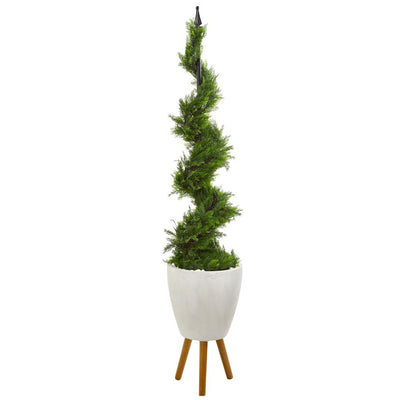 6’ Cypress Artificial Spiral Topiary Tree in White Planter with Stand Default Title