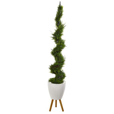 75” Cypress Artificial Spiral Tree in White Planter with Stand Default Title