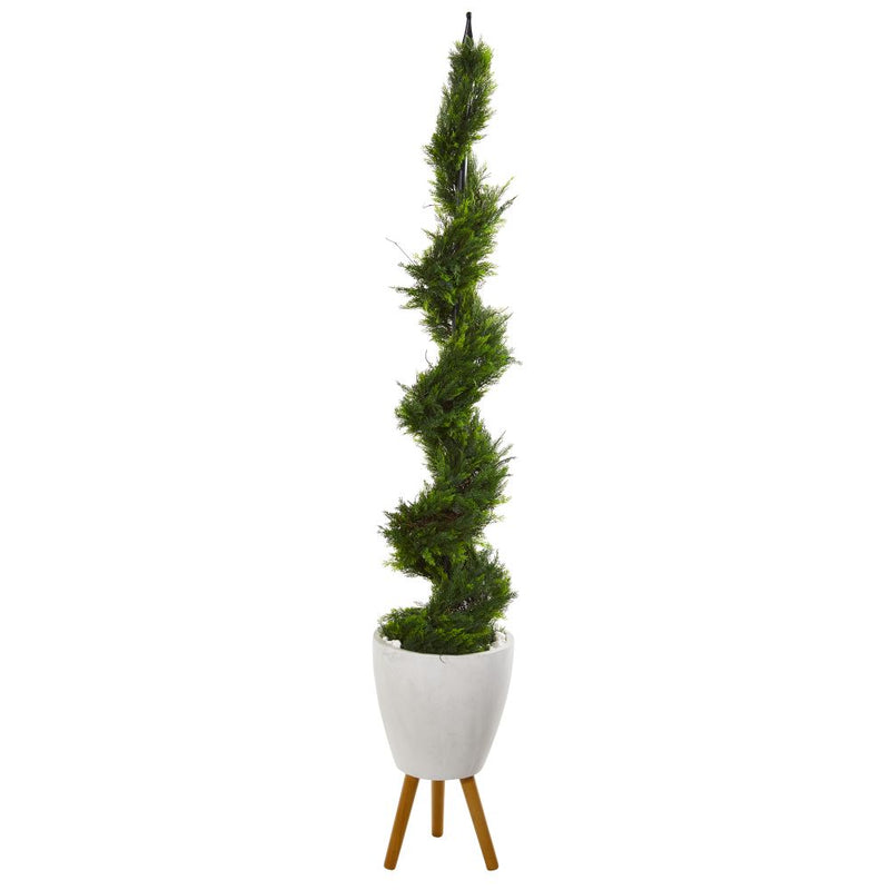 75” Cypress Artificial Spiral Tree in White Planter with Stand Default Title