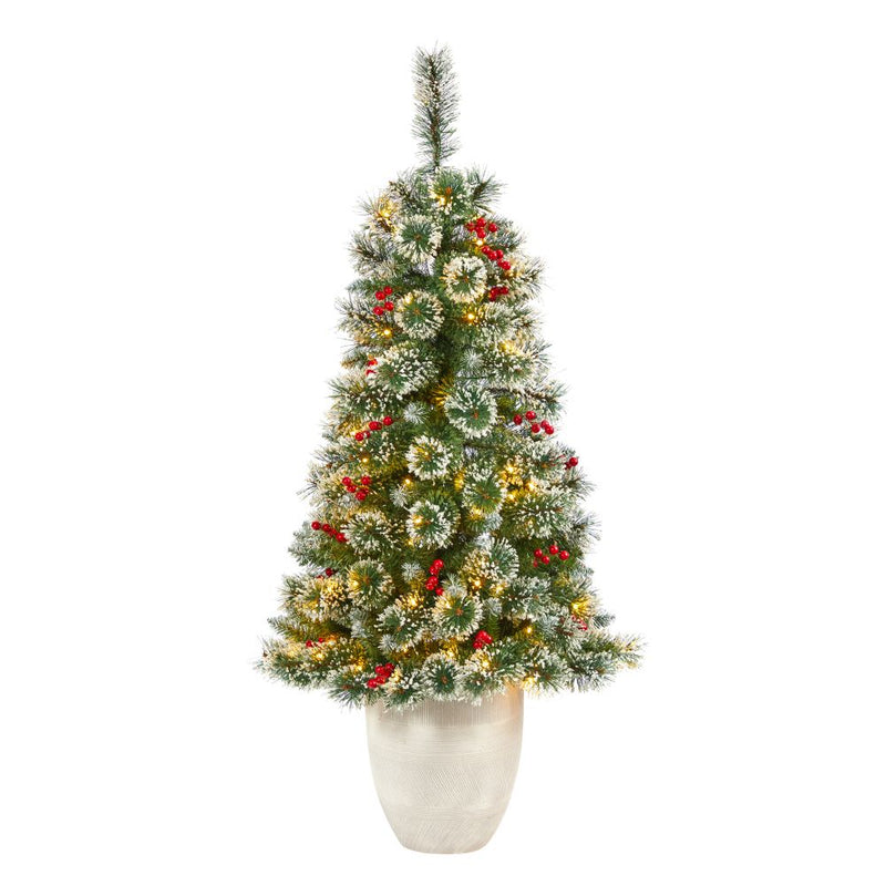 50” Frosted Swiss Pine Artificial Christmas Tree with 100 Clear LED Lights and Berries in White Planter Default Title