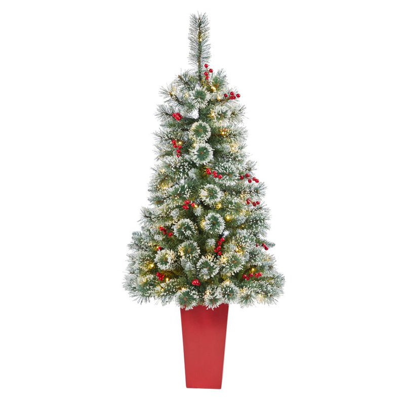 52” Frosted Swiss Pine Artificial Christmas Tree with 100 Clear LED Lights and Berries in Red Tower Planter Default Title