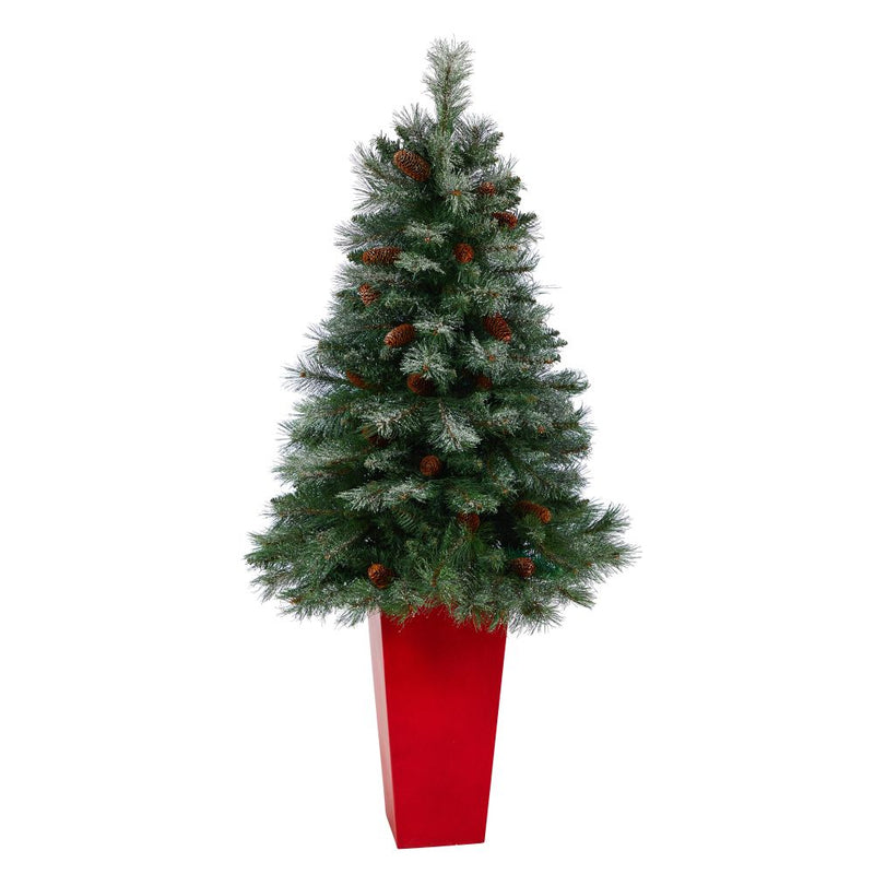 55” Snowed French Alps Mountain Pine Artificial Christmas Tree with 237 Bendable Branches and Pine Cones in Red Tower Planter Default Title