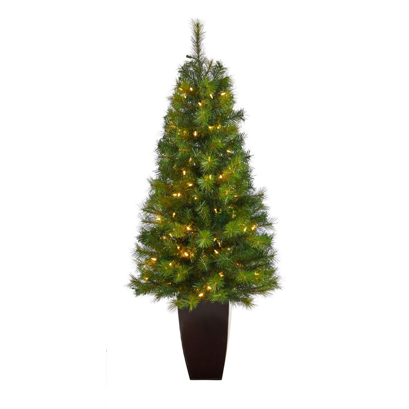 5’ Green Valley Pine Artificial Christmas Tree with 100 Warm White LED Lights and 201 Bendable Branches in Bronze Metal Planter Default Title