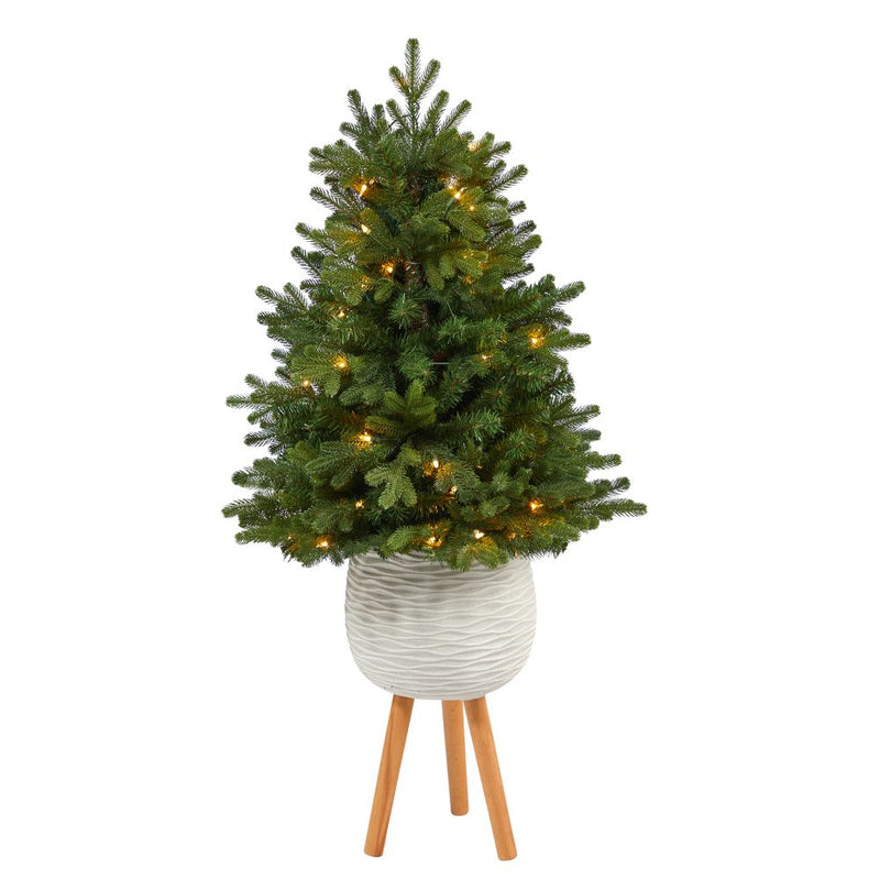 4’ Washington Fir Artificial Christmas Tree with 50 Clear Lights in White Planter with Decorative Planter Stand Default Title