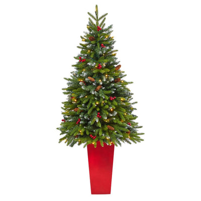 62” Snow Tipped Portland Spruce Artificial Christmas Tree with Frosted Berries and Pinecones with 100 Clear LED Lights in Red Tower Planter Default Title