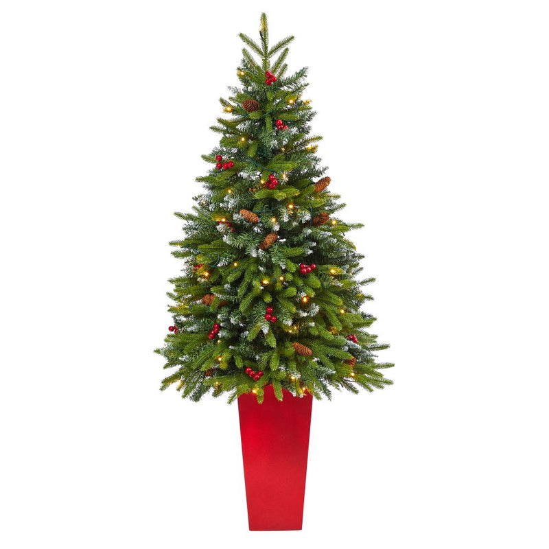 62” Snow Tipped Portland Spruce Artificial Christmas Tree with Frosted Berries and Pinecones with 100 Clear LED Lights in Red Tower Planter Default Title