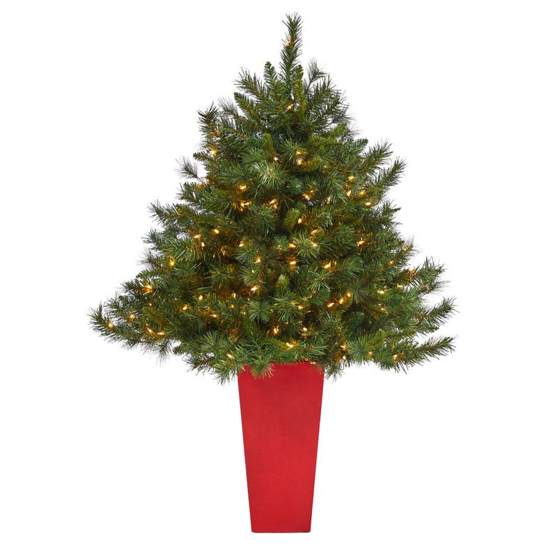 4.5’ Wyoming Mixed Pine Artificial Christmas Tree with 250 Clear Lights and 462 Bendable Branches in Red Tower Planter Default Title