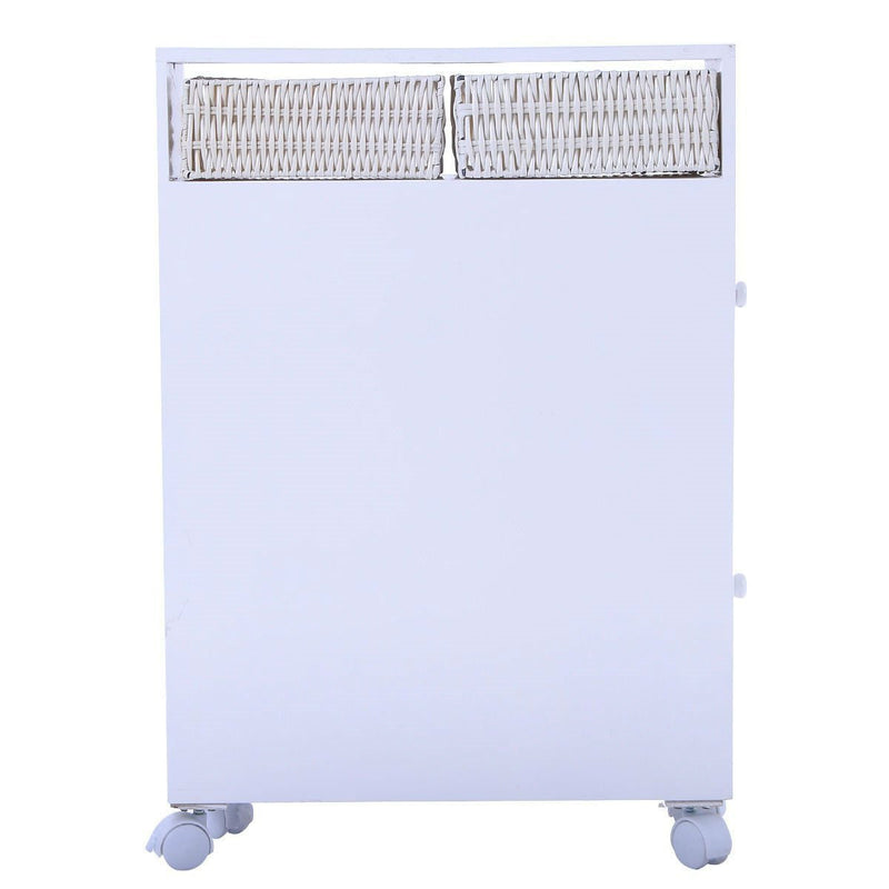 White Bathroom Storage Floor Cabinet with Baskets and Casters