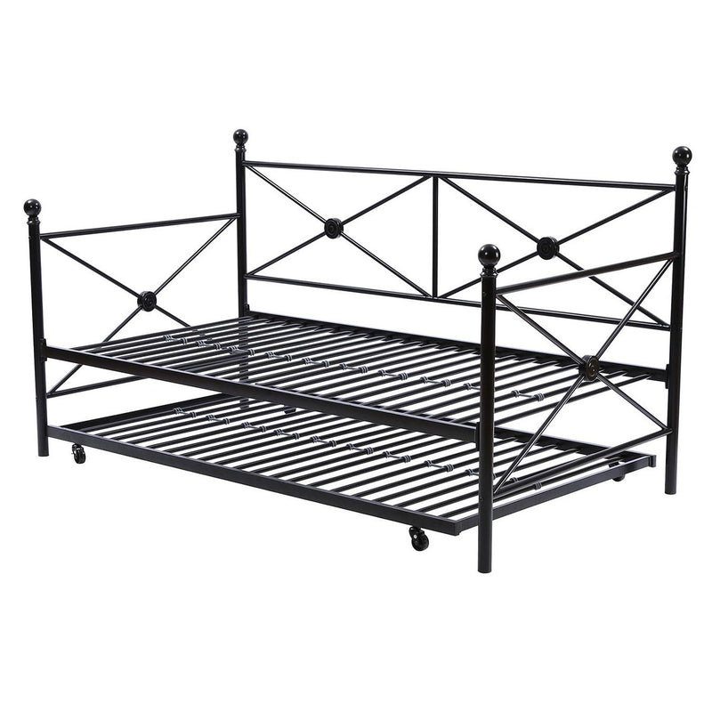 Twin size Black Metal Day Bed Frame and Roll out Trundle Set