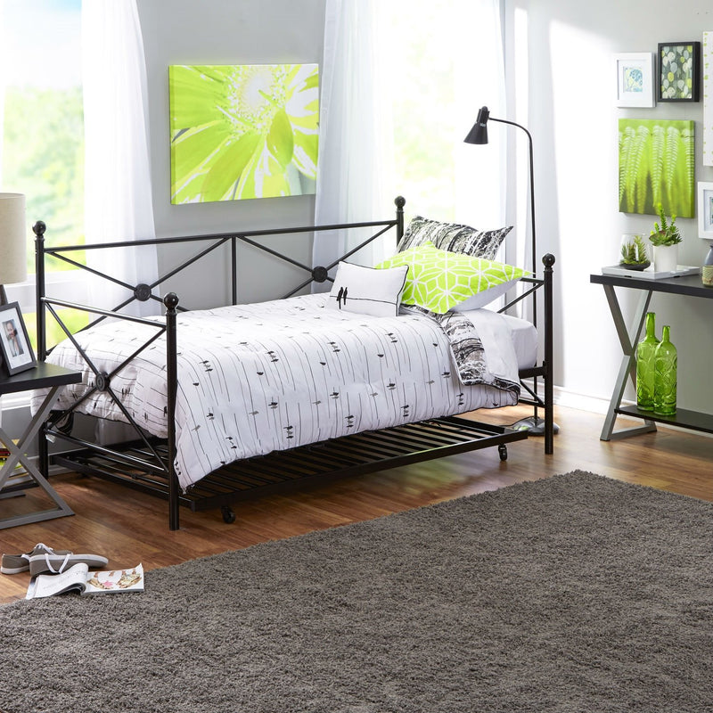 Twin size Black Metal Day Bed Frame and Roll out Trundle Set