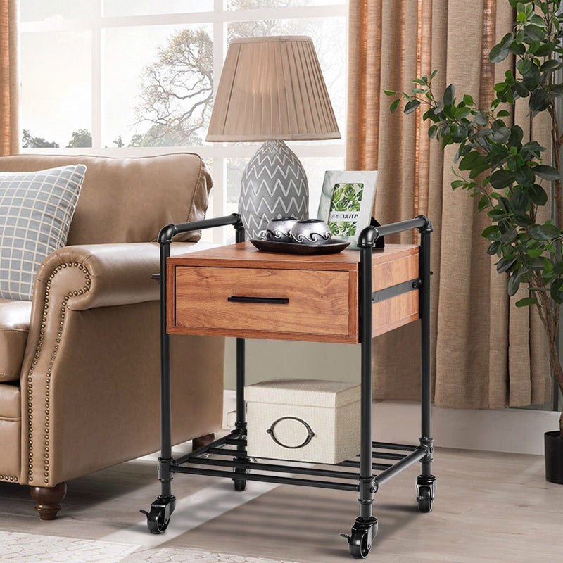 Heavy Duty Steel Frame 1-Drawer End Table Nightstand Side Table on Wheels