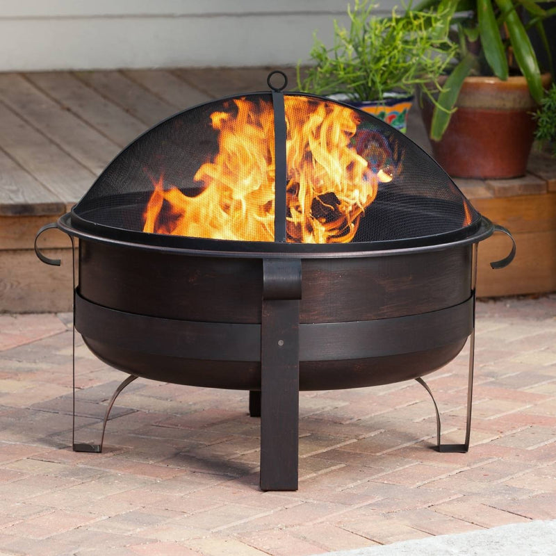 Heavy Duty 34-inch Fire Pit Deep Steel Cauldron with Screen