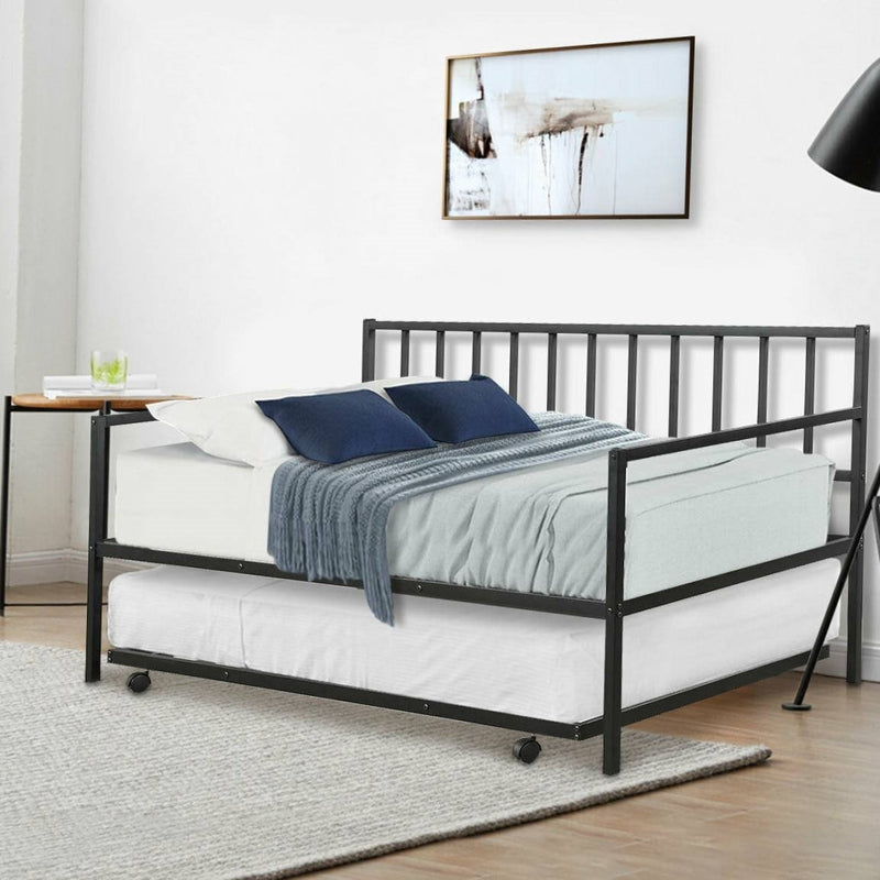 Twin size Black Metal Daybed with Roll-out Trundle Bed Frame