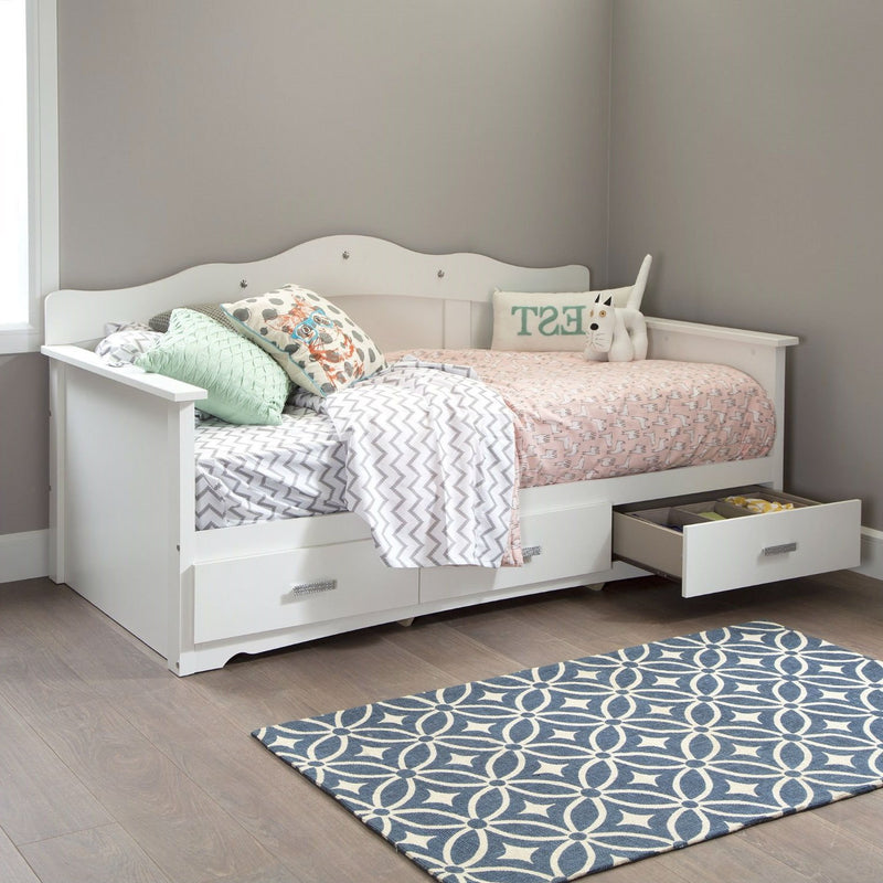 Twin size Kids Bed Daybed in White Wood Finish with 3 Storage Drawers