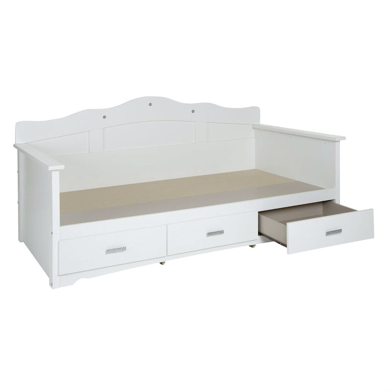 Twin size Kids Bed Daybed in White Wood Finish with 3 Storage Drawers