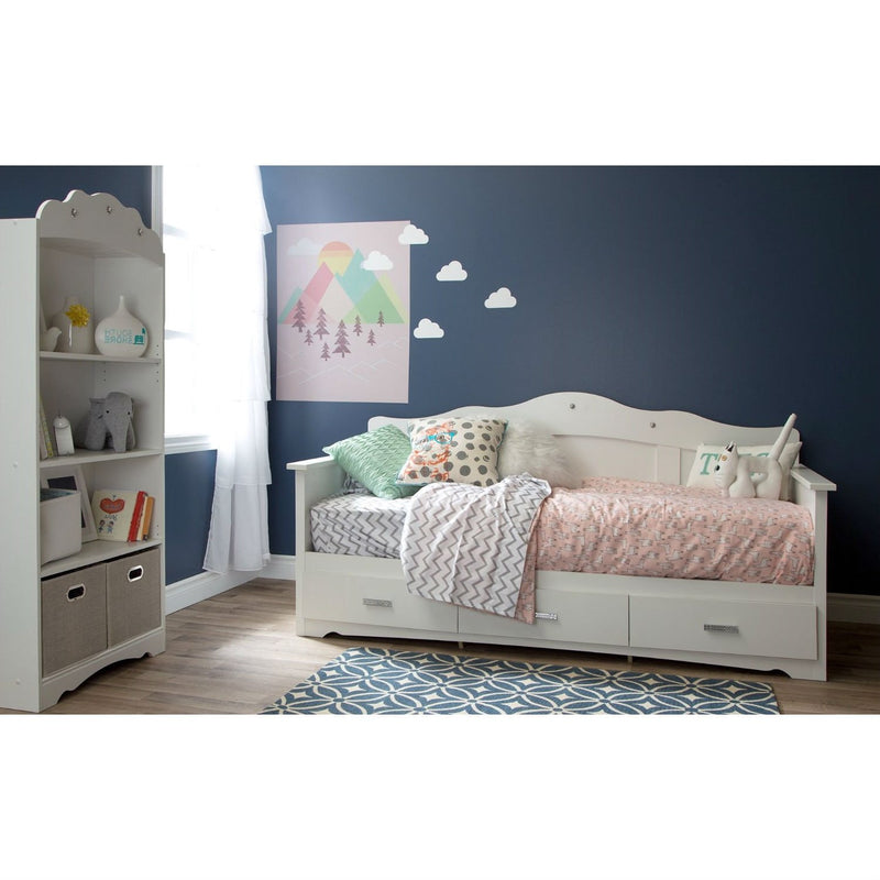 Twin size Kids Bed Daybed in White Wood Finish with 3 Storage Drawers