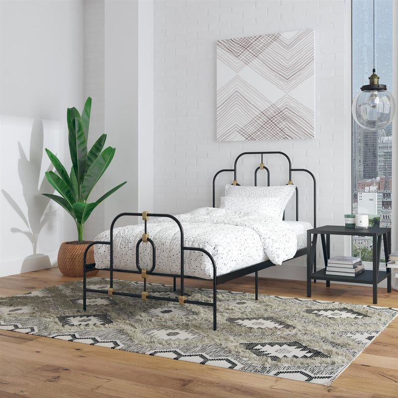 Twin size Farmhouse Adjustable Height Platform Bed in Black Gold Metal Finish