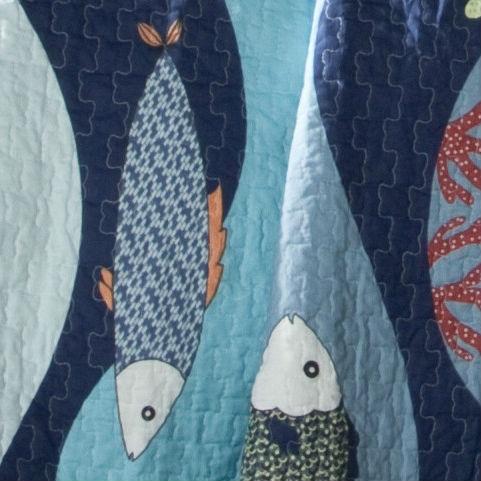 Twin Blue Serenity Sea Fish Coral Coverlet Quilt Bedspread Set