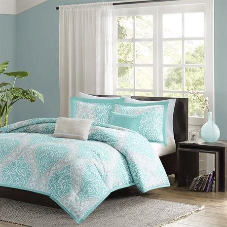 Twin / Twin XL Aqua Teal Turquoise Blue White Modern Damask Comforter Set