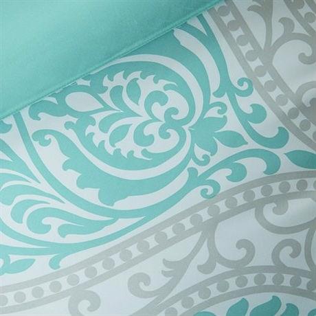 Twin / Twin XL Aqua Teal Turquoise Blue White Modern Damask Comforter Set