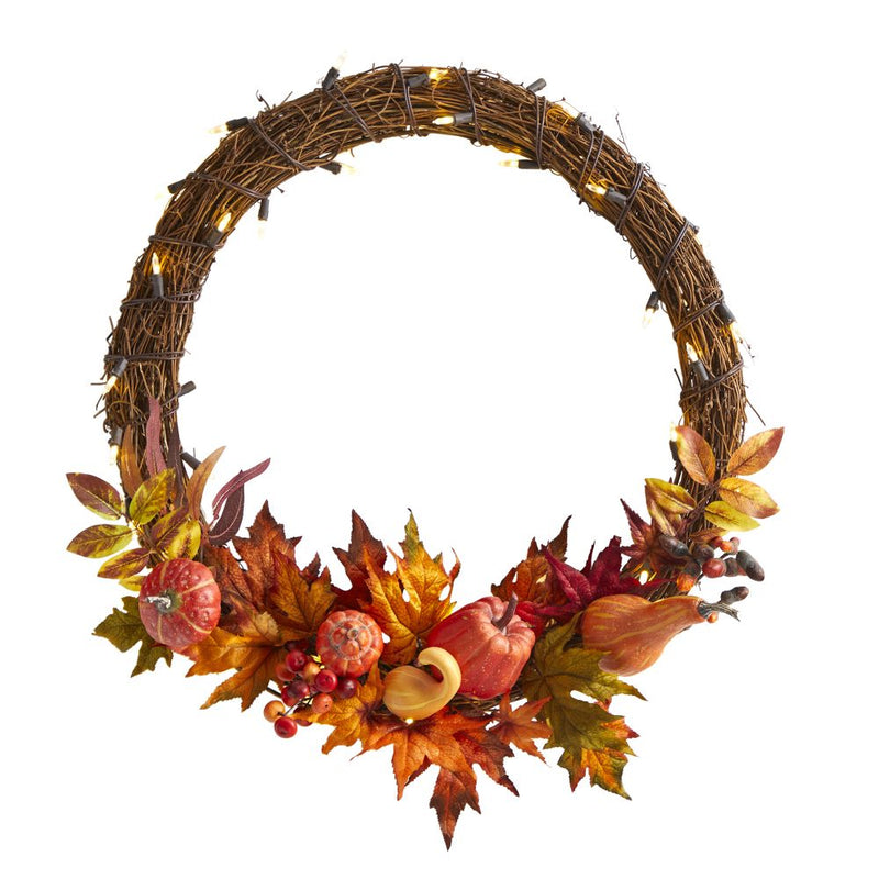 22” Pumpkin and Maple Artificial Autumn Wreath with 50 Warm White LED Lights Default Title