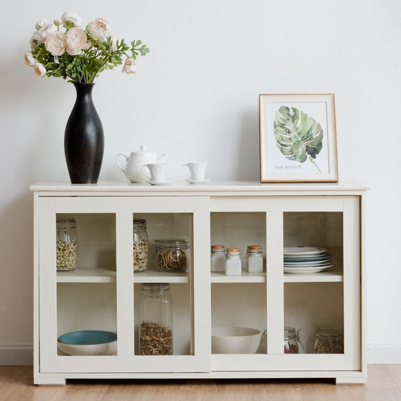 Modern White Wood Buffet Sideboard Cabinet with Glass Sliding Door