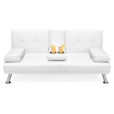 White Faux Leather Convertible Sofa Futon with 2 Cup Holders