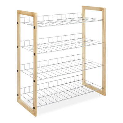 4-Shelf Closet Shoe Rack with Natural Wood Frame and Chrome Wire Shelves